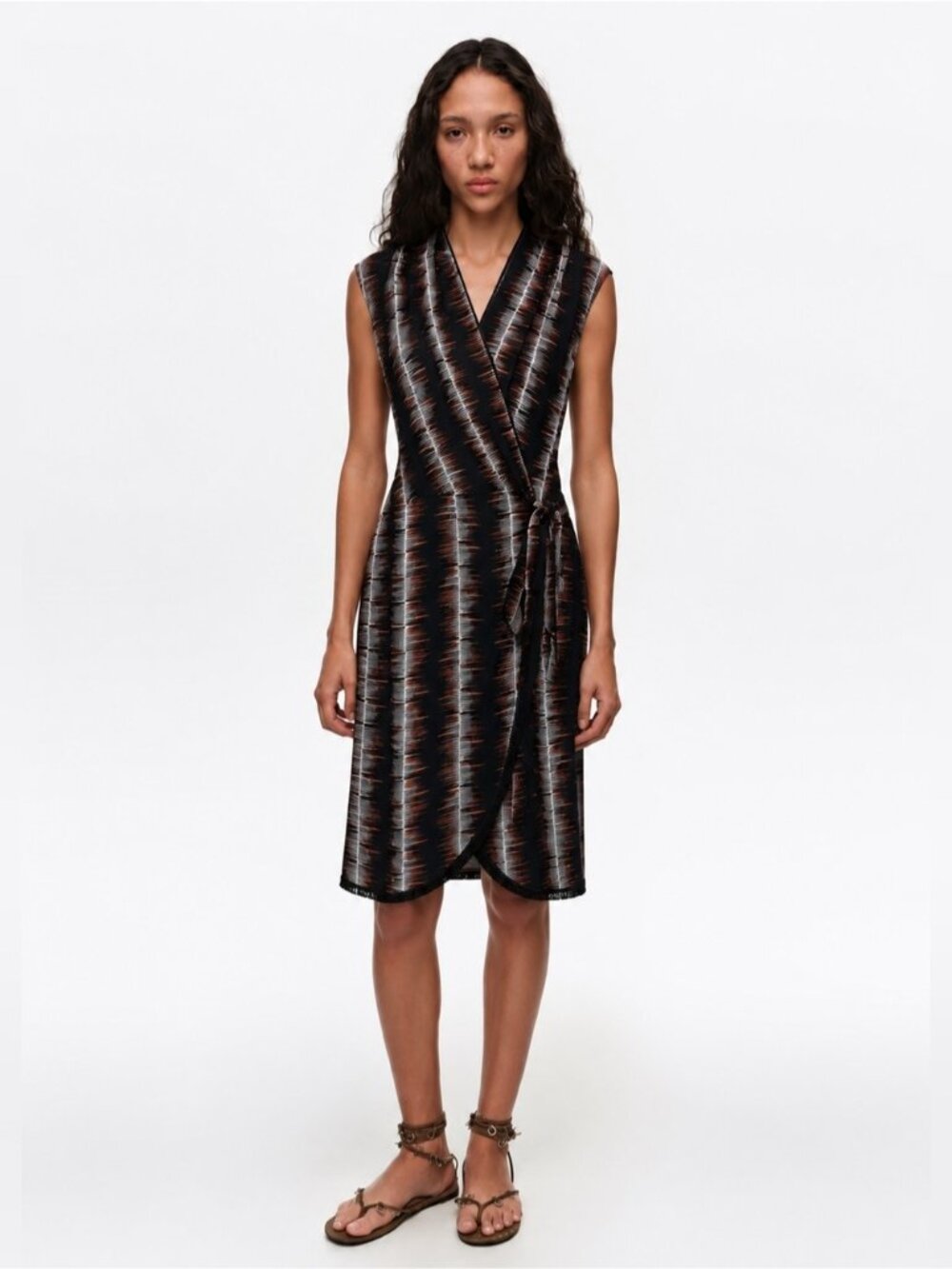 NEW Bimba y Lola Black Striped Belted Midi Wrap Dress White print short-sleeve M